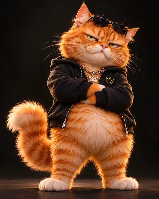 Full body SMIRK, one grumpy fat orange tabby wearing an unzipped black hoodie, sunglasses and crown necklace